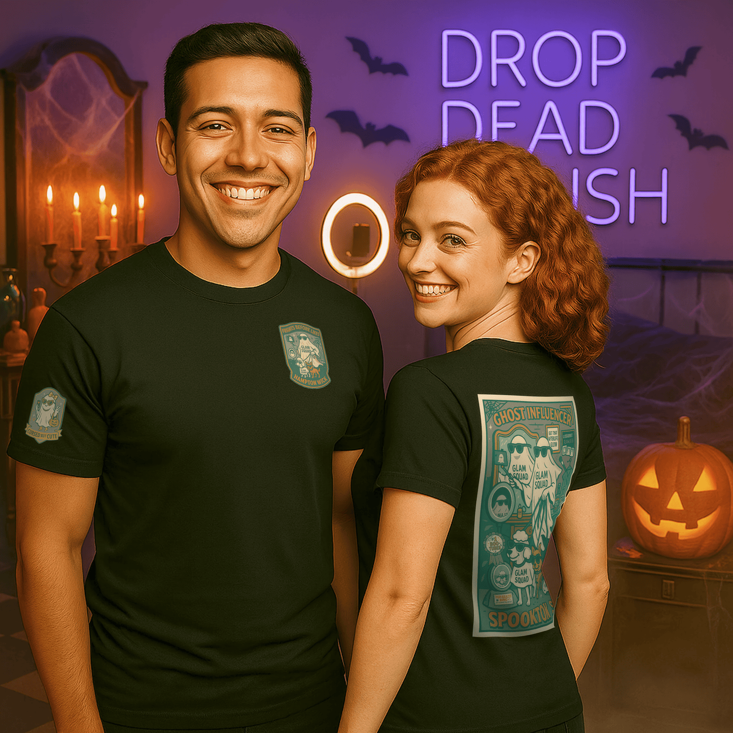 Ghost Influencer SpookTok Star Halloween T-Shirt with Arm Design | Funny Ghost Shirt for Halloween Costume & Party | Spooky Season Tee