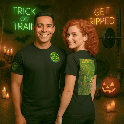 “You Don’t Need Brains Just Gains” Halloween Shirt – Frankenstein & Skeleton Gym Graphic Tee with Arm Design | Funny Spooky Season Costume T-Shirt