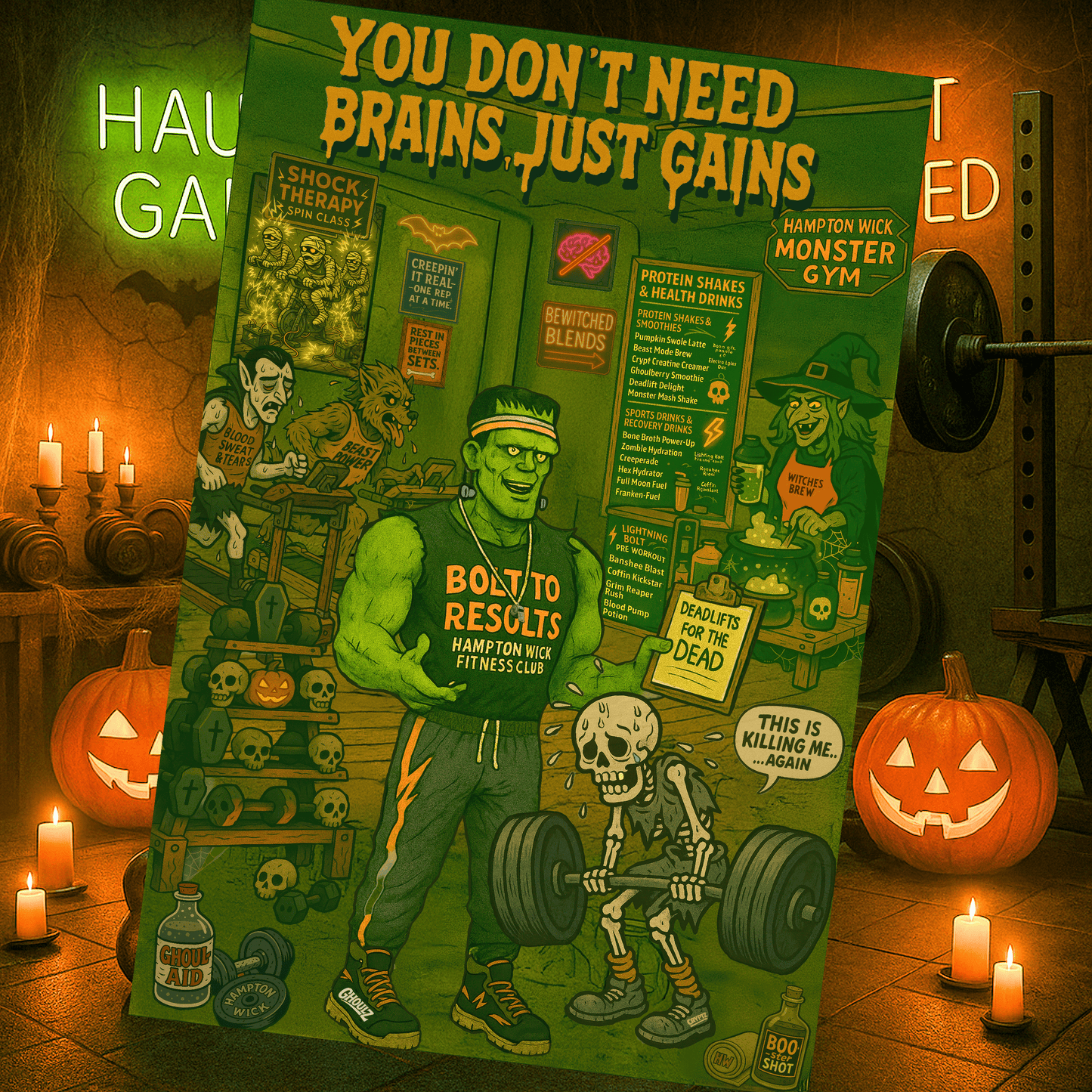 “You Don’t Need Brains Just Gains” Halloween Shirt – Frankenstein & Skeleton Gym Graphic Tee with Arm Design | Funny Spooky Season Costume T-Shirt