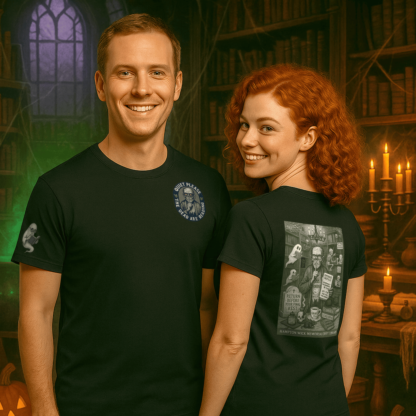 Halloween Shirt with Haunted Library Design & Arm Graphic – Spooky Season Costume Tee for Halloween Party, Men & Women