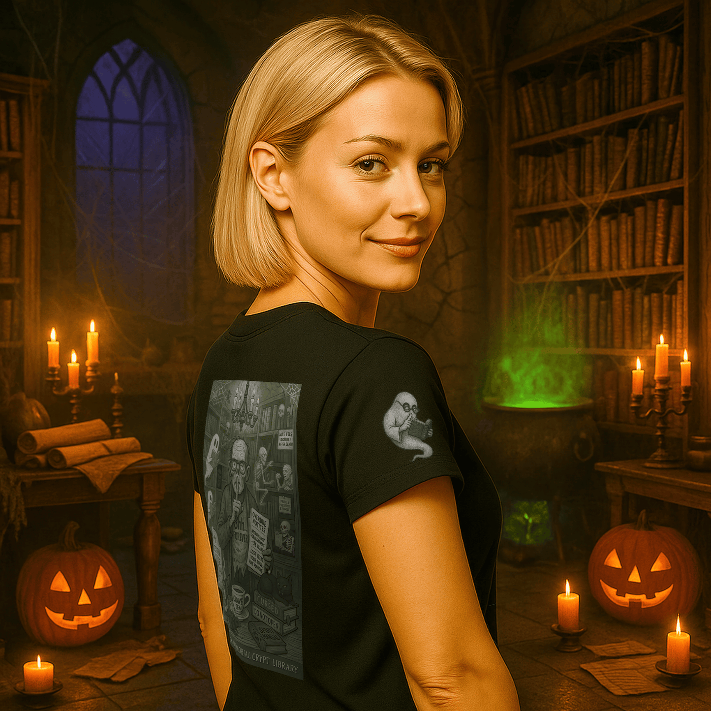 Halloween Shirt with Haunted Library Design & Arm Graphic – Spooky Season Costume Tee for Halloween Party, Men & Women