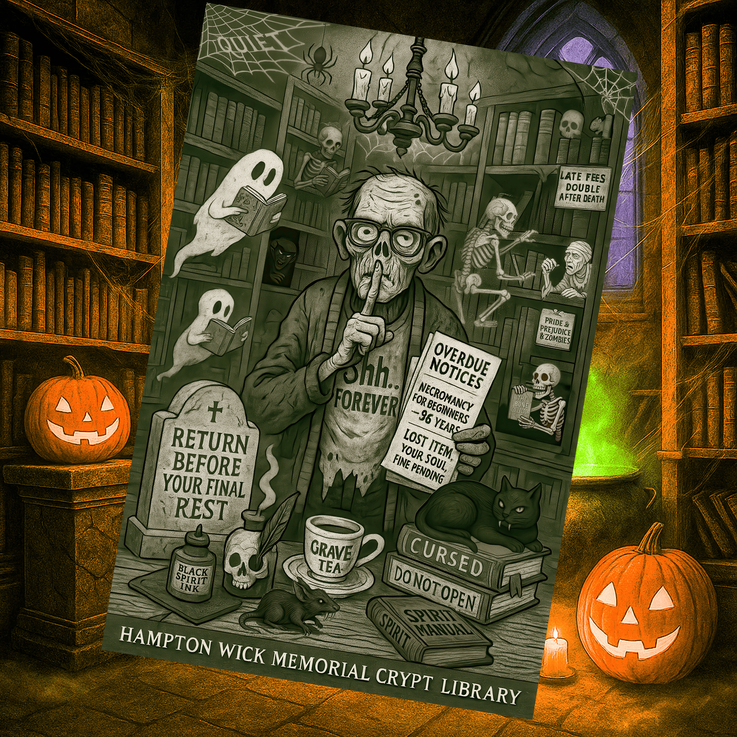 Halloween Shirt with Haunted Library Design & Arm Graphic – Spooky Season Costume Tee for Halloween Party, Men & Women