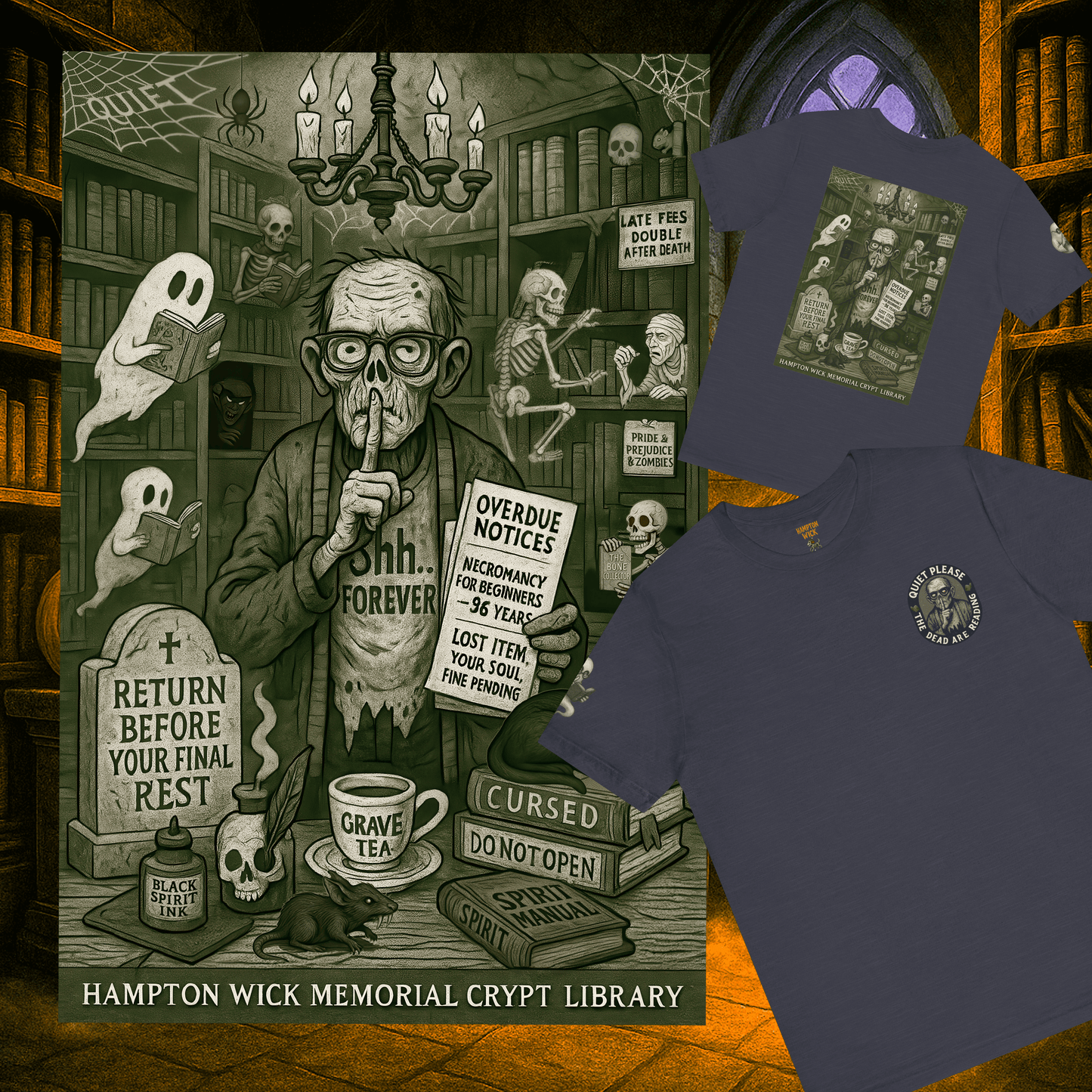 Halloween Shirt with Haunted Library Design & Arm Graphic – Spooky Season Costume Tee for Halloween Party, Men & Women