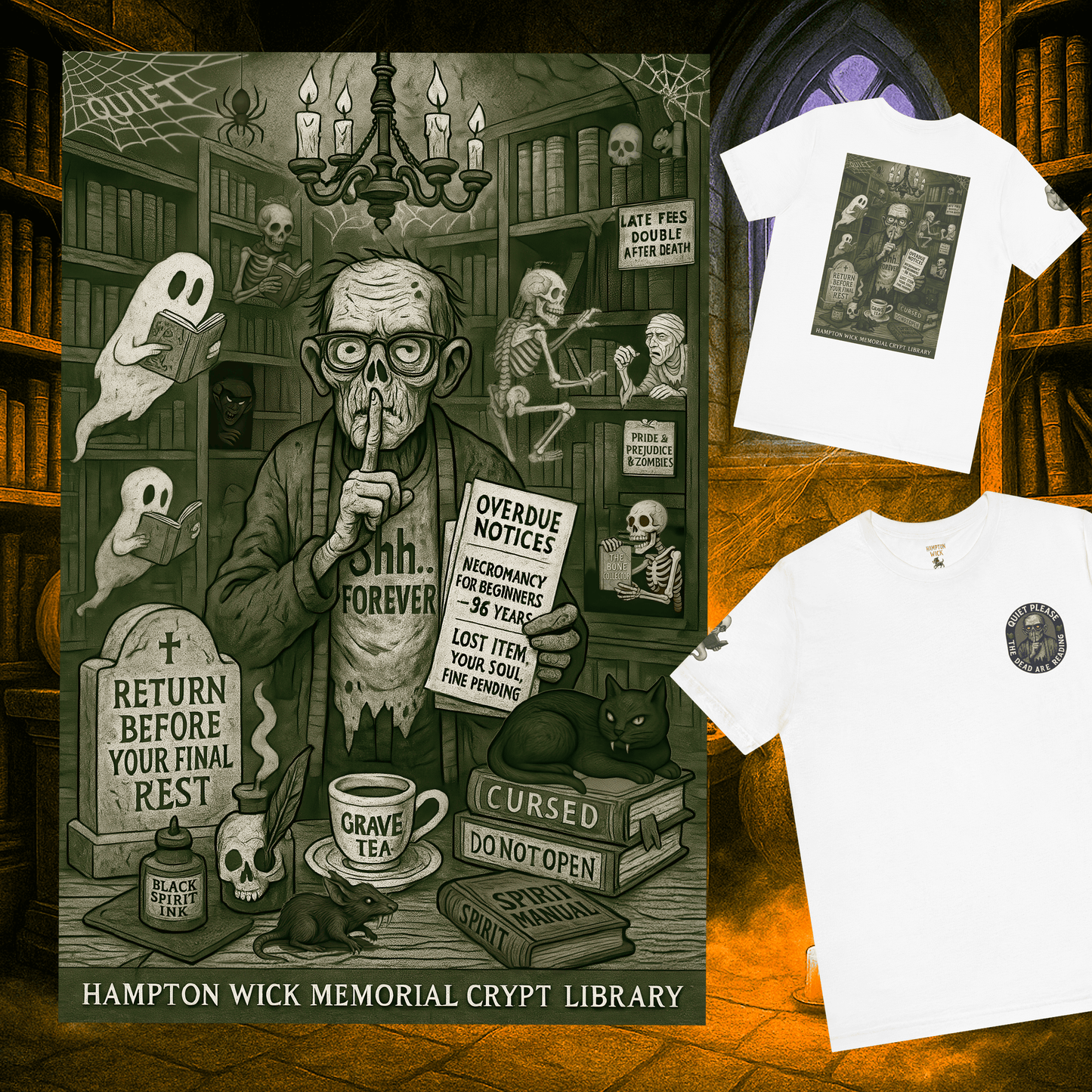 Halloween Shirt with Haunted Library Design & Arm Graphic – Spooky Season Costume Tee for Halloween Party, Men & Women