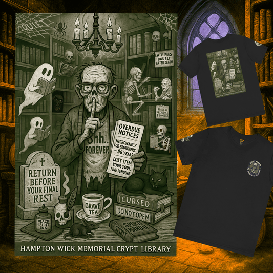Halloween Shirt with Haunted Library Design & Arm Graphic – Spooky Season Costume Tee for Halloween Party, Men & Women