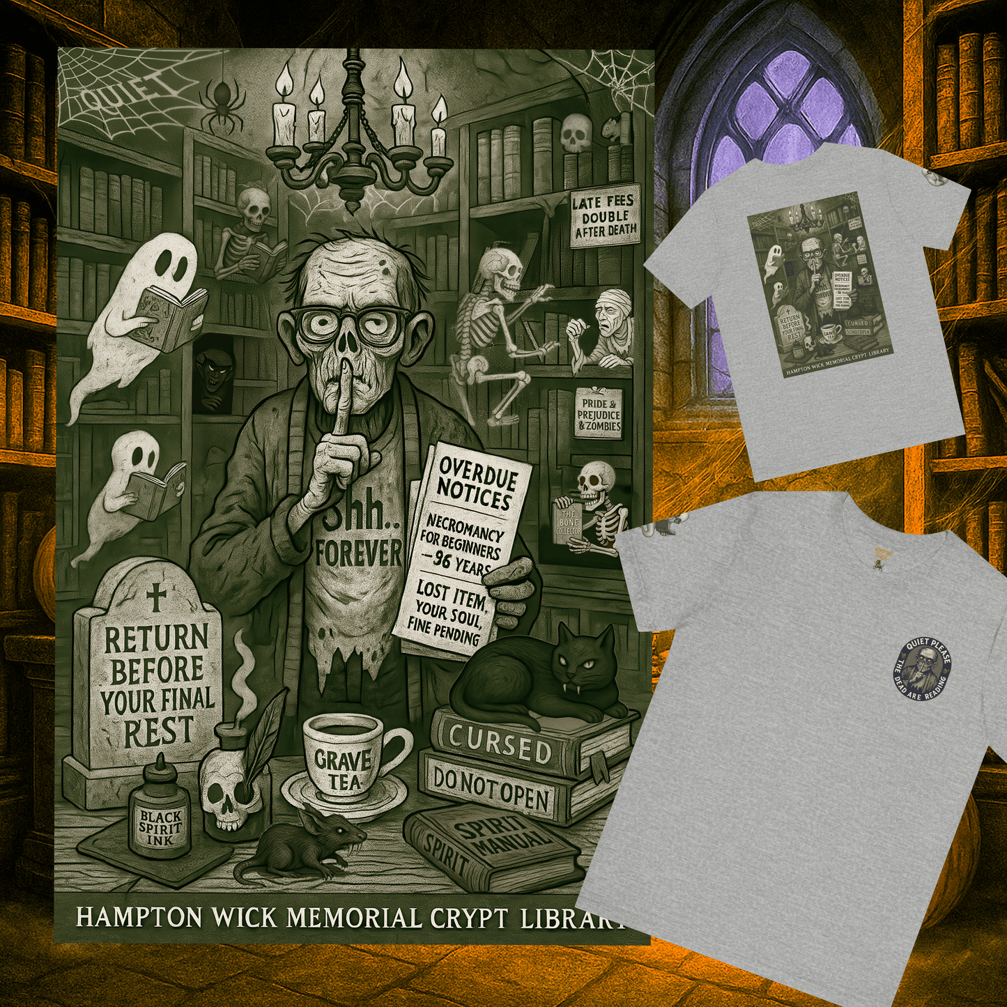 Halloween Shirt with Haunted Library Design & Arm Graphic – Spooky Season Costume Tee for Halloween Party, Men & Women