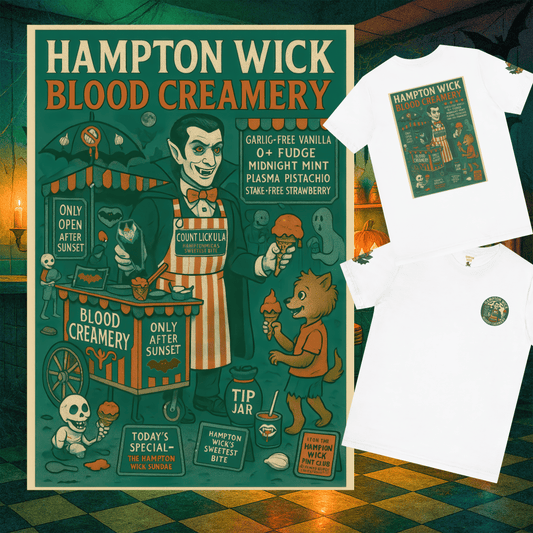 Hampton Wick Blood Creamery Halloween T-Shirt | Vintage Horror Costume Tee with Arm Design | Spooky Season Party Shirt