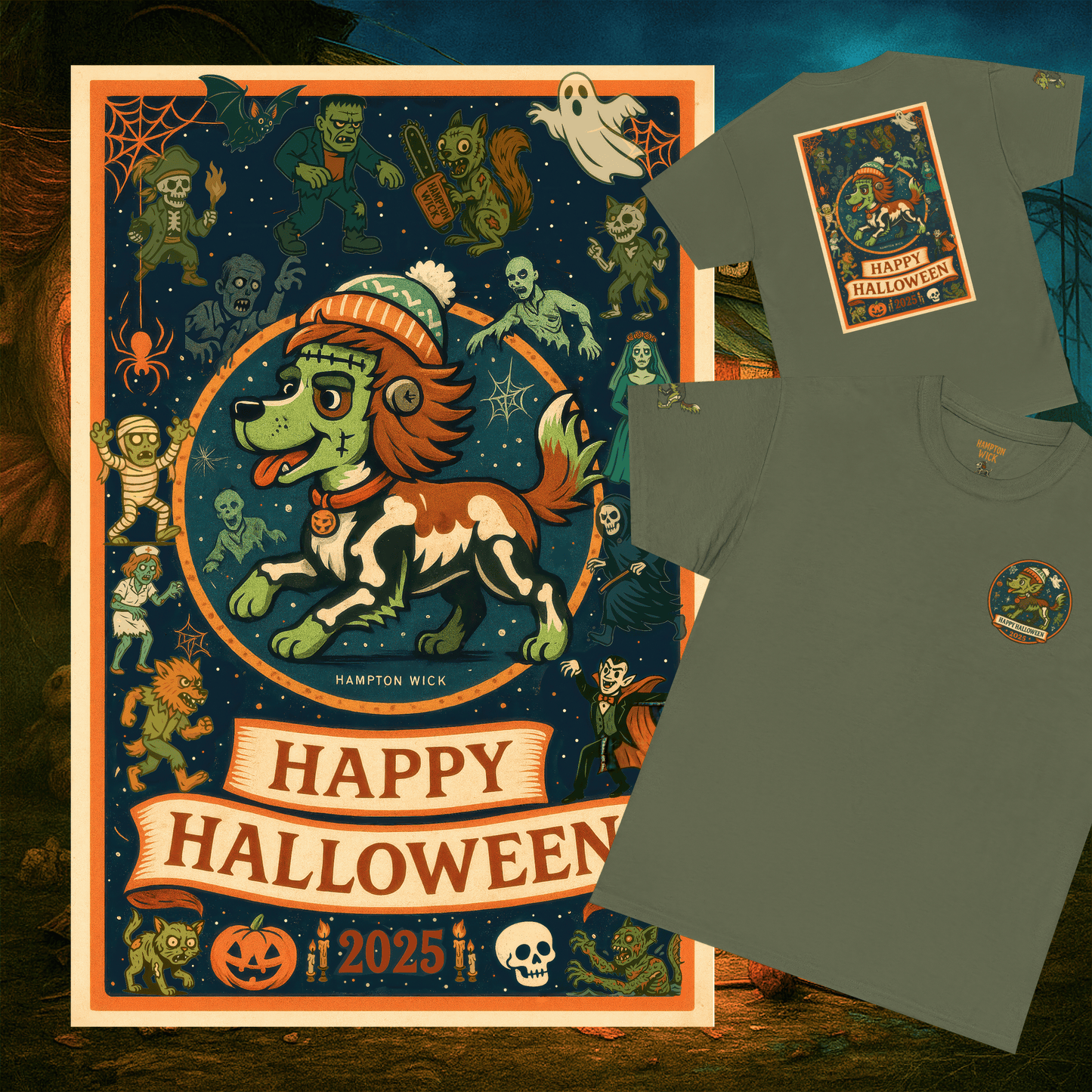 Happy Halloween 2025 T-Shirt – Vintage Horror Dog & Monster Design | Halloween Costume Party Shirt with Arm Design | Spooky Season Tee