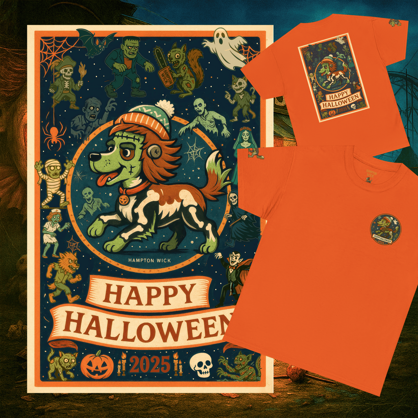Happy Halloween 2025 T-Shirt – Vintage Horror Dog & Monster Design | Halloween Costume Party Shirt with Arm Design | Spooky Season Tee