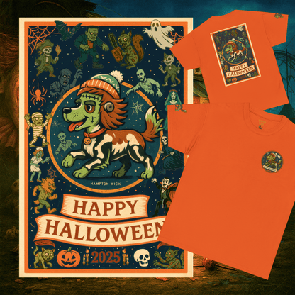 Happy Halloween 2025 T-Shirt – Vintage Horror Dog & Monster Design | Halloween Costume Party Shirt with Arm Design | Spooky Season Tee
