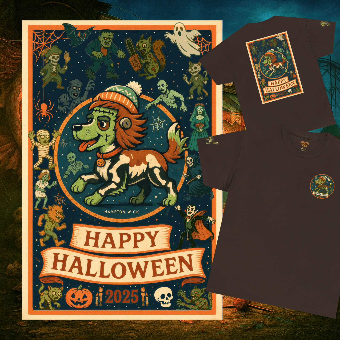 Happy Halloween 2025 T-Shirt – Vintage Horror Dog & Monster Design | Halloween Costume Party Shirt with Arm Design | Spooky Season Tee