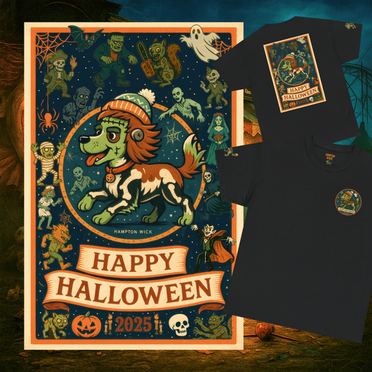 Happy Halloween 2025 T-Shirt – Vintage Horror Dog & Monster Design | Halloween Costume Party Shirt with Arm Design | Spooky Season Tee
