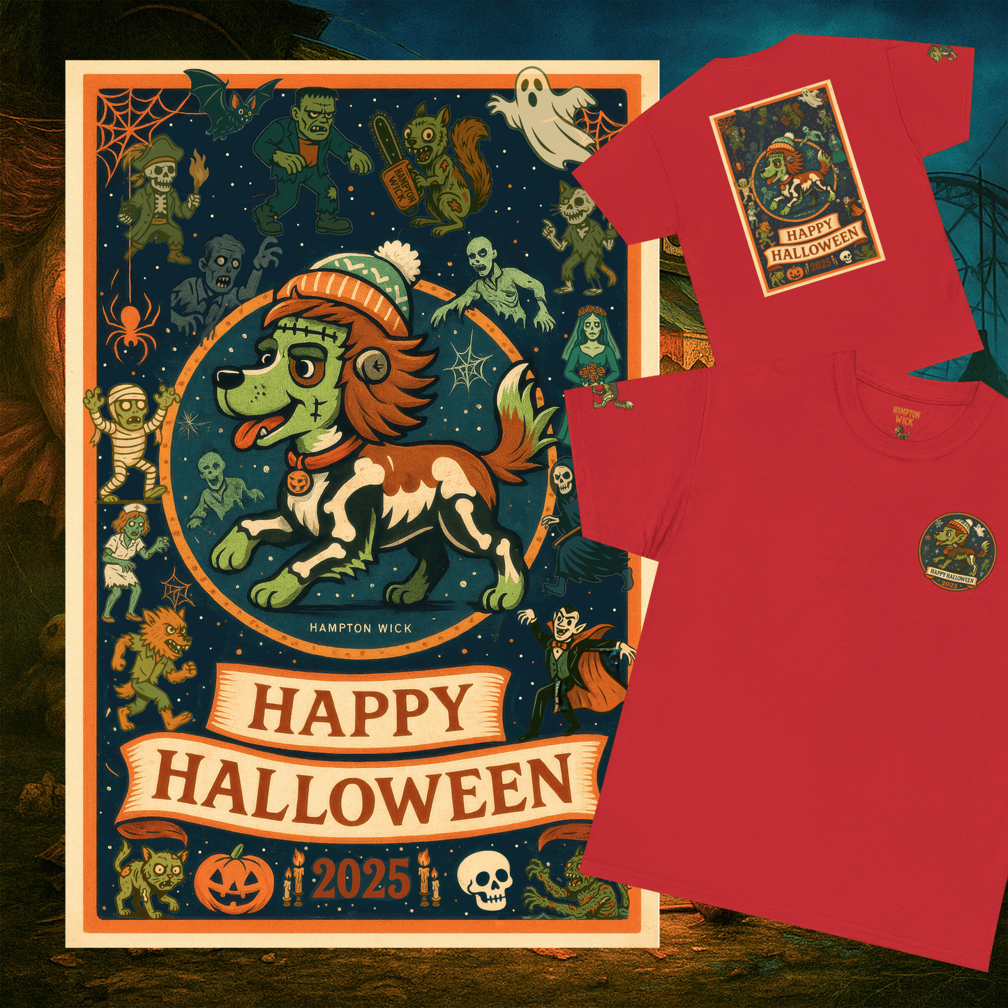 Happy Halloween 2025 T-Shirt – Vintage Horror Dog & Monster Design | Halloween Costume Party Shirt with Arm Design | Spooky Season Tee