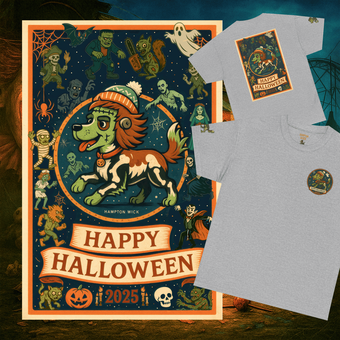 Happy Halloween 2025 T-Shirt – Vintage Horror Dog & Monster Design | Halloween Costume Party Shirt with Arm Design | Spooky Season Tee