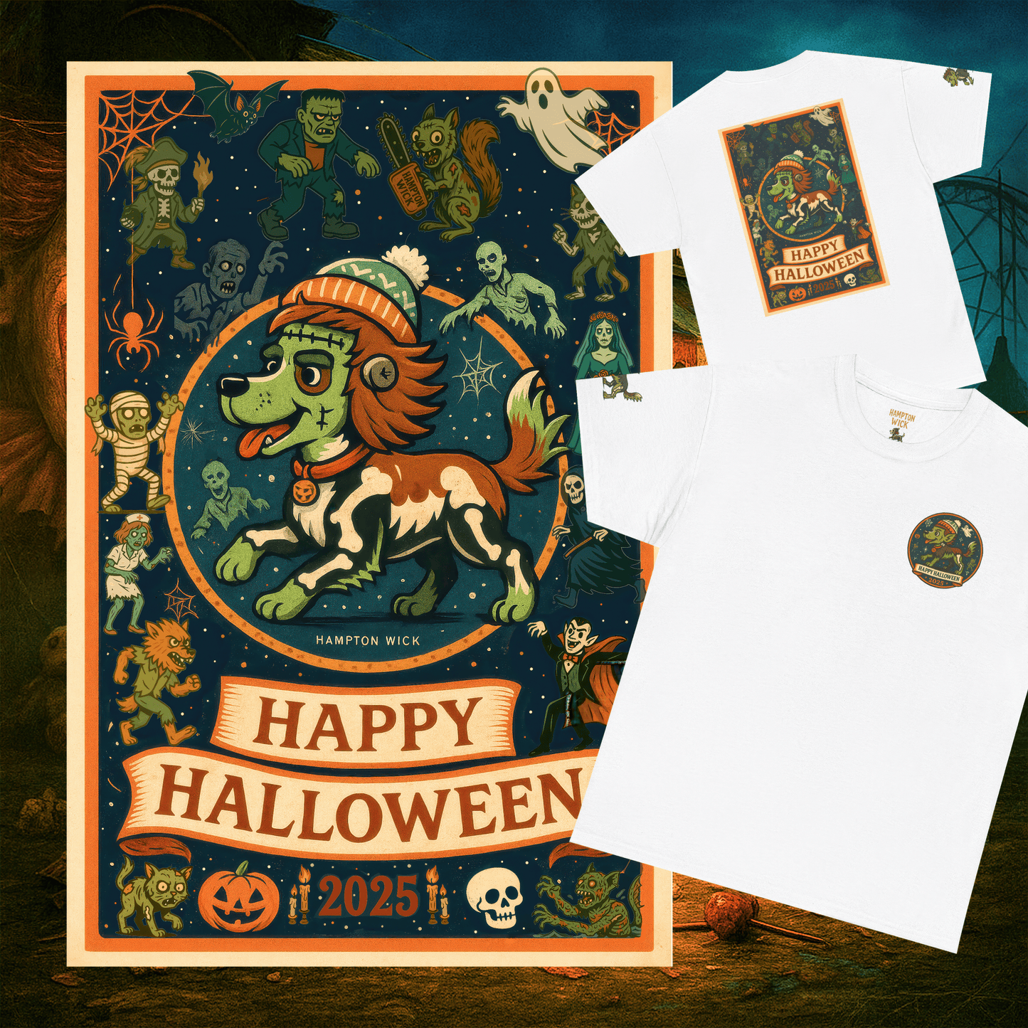 Happy Halloween 2025 T-Shirt – Vintage Horror Dog & Monster Design | Halloween Costume Party Shirt with Arm Design | Spooky Season Tee