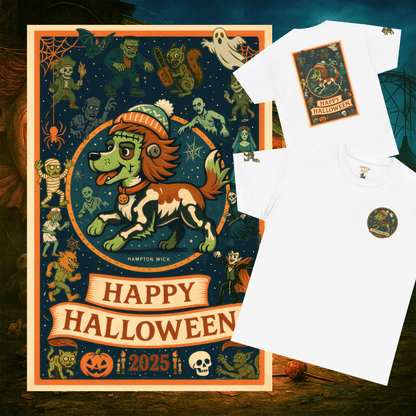 Happy Halloween 2025 T-Shirt – Vintage Horror Dog & Monster Design | Halloween Costume Party Shirt with Arm Design | Spooky Season Tee