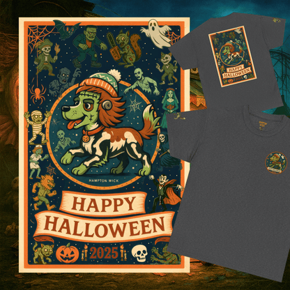 Happy Halloween 2025 T-Shirt – Vintage Horror Dog & Monster Design | Halloween Costume Party Shirt with Arm Design | Spooky Season Tee