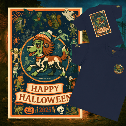 Happy Halloween 2025 T-Shirt – Vintage Horror Dog & Monster Design | Halloween Costume Party Shirt with Arm Design | Spooky Season Tee