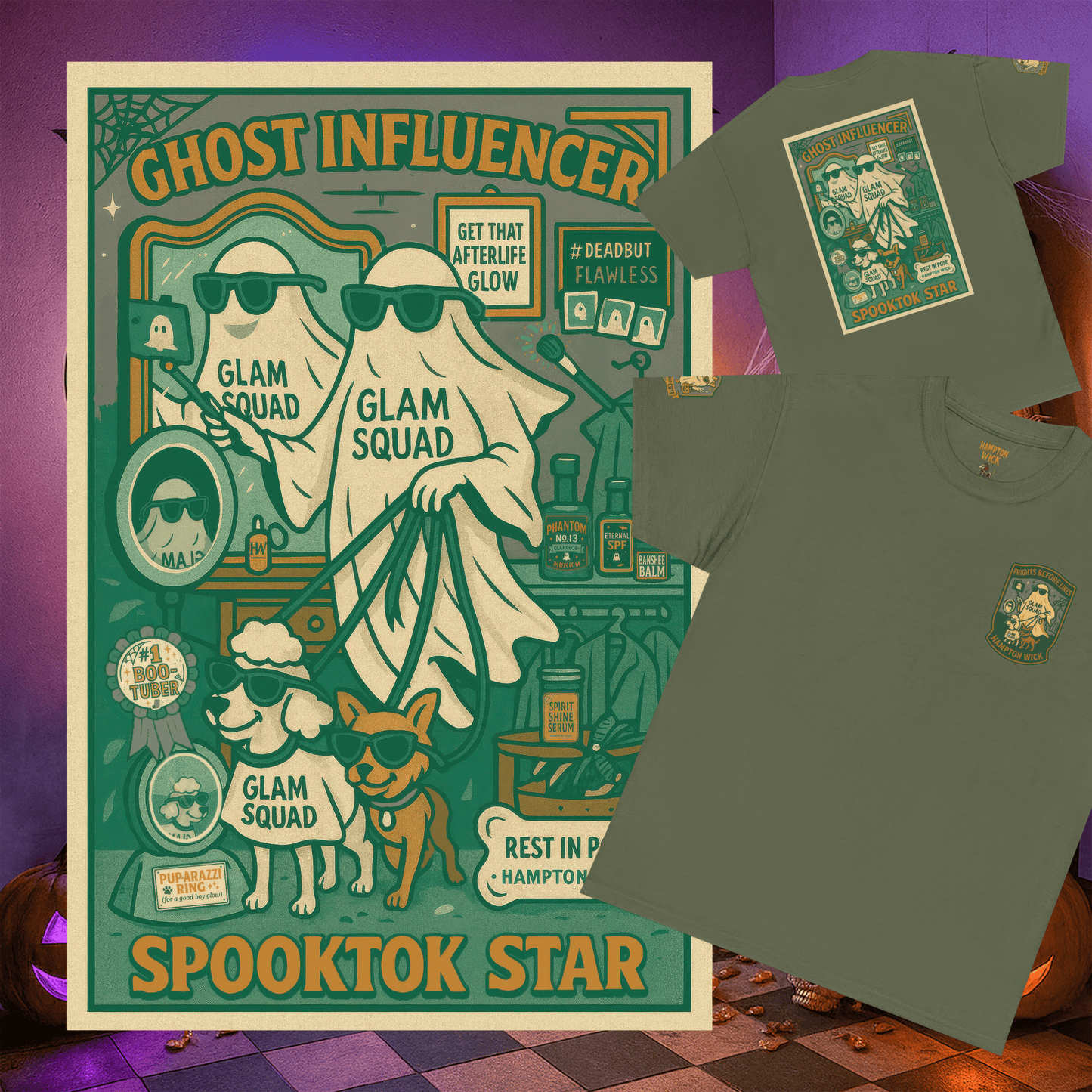 Ghost Influencer SpookTok Star Halloween T-Shirt with Arm Design | Funny Ghost Shirt for Halloween Costume & Party | Spooky Season Tee