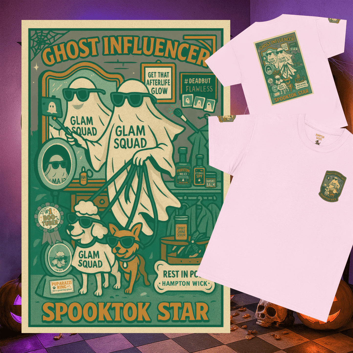 Ghost Influencer SpookTok Star Halloween T-Shirt with Arm Design | Funny Ghost Shirt for Halloween Costume & Party | Spooky Season Tee