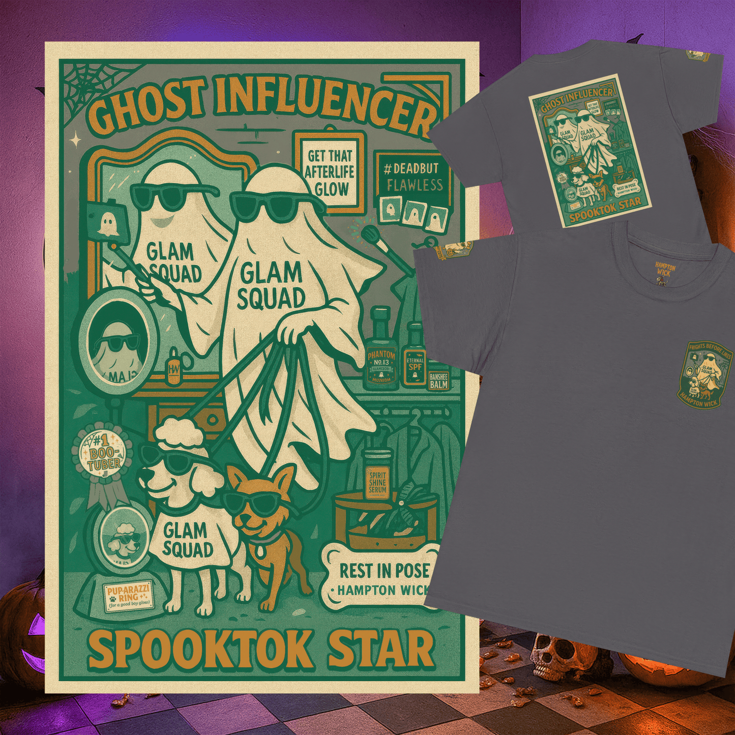 Ghost Influencer SpookTok Star Halloween T-Shirt with Arm Design | Funny Ghost Shirt for Halloween Costume & Party | Spooky Season Tee