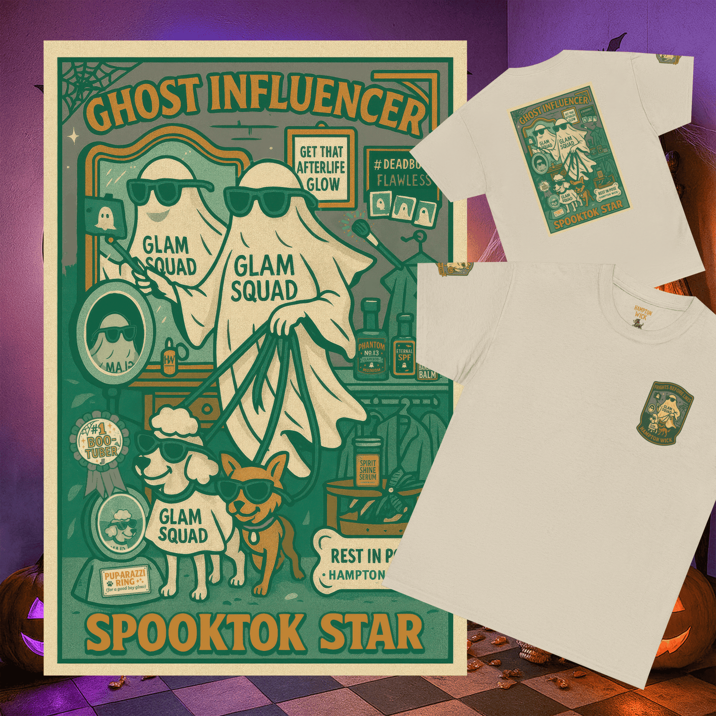 Ghost Influencer SpookTok Star Halloween T-Shirt with Arm Design | Funny Ghost Shirt for Halloween Costume & Party | Spooky Season Tee