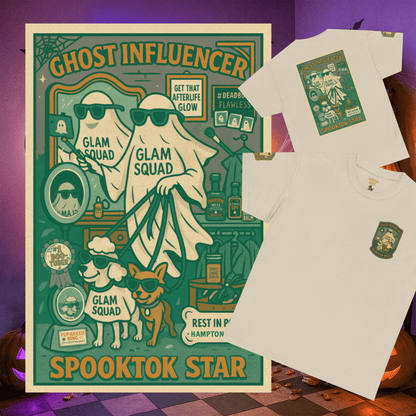 Ghost Influencer SpookTok Star Halloween T-Shirt with Arm Design | Funny Ghost Shirt for Halloween Costume & Party | Spooky Season Tee