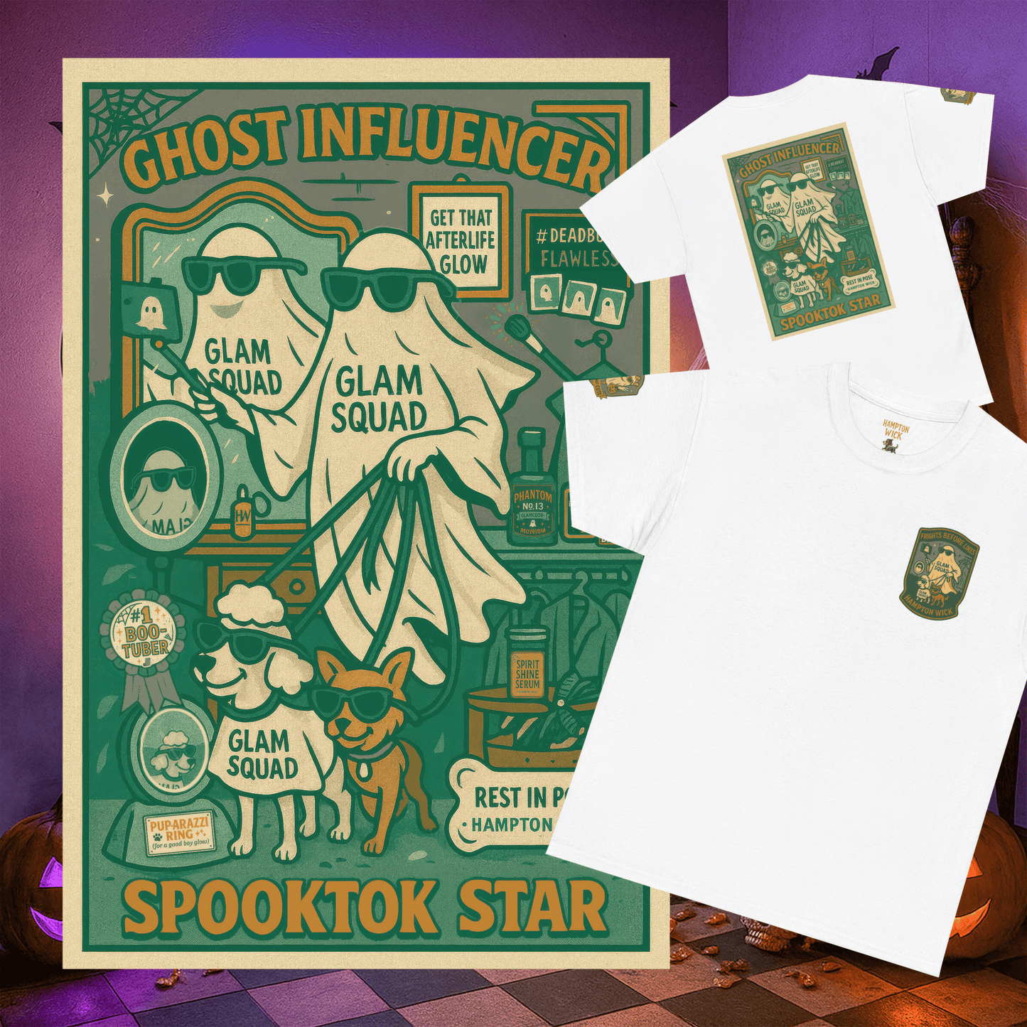 Ghost Influencer SpookTok Star Halloween T-Shirt with Arm Design | Funny Ghost Shirt for Halloween Costume & Party | Spooky Season Tee