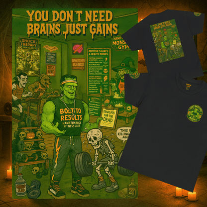 “You Don’t Need Brains Just Gains” Halloween Shirt – Frankenstein & Skeleton Gym Graphic Tee with Arm Design | Funny Spooky Season Costume T-Shirt
