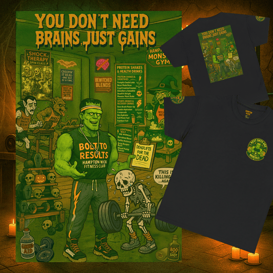 “You Don’t Need Brains Just Gains” Halloween Shirt – Frankenstein & Skeleton Gym Graphic Tee with Arm Design | Funny Spooky Season Costume T-Shirt