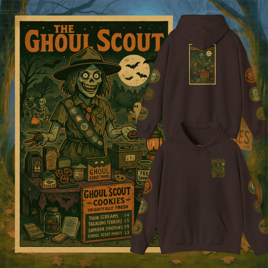 Ghoul Scout Halloween Hoodie – Vintage Spooky Sweatshirt with Arm Design | Halloween Costume Hoodie | Ghost & Pumpkin Graphic Hoodie