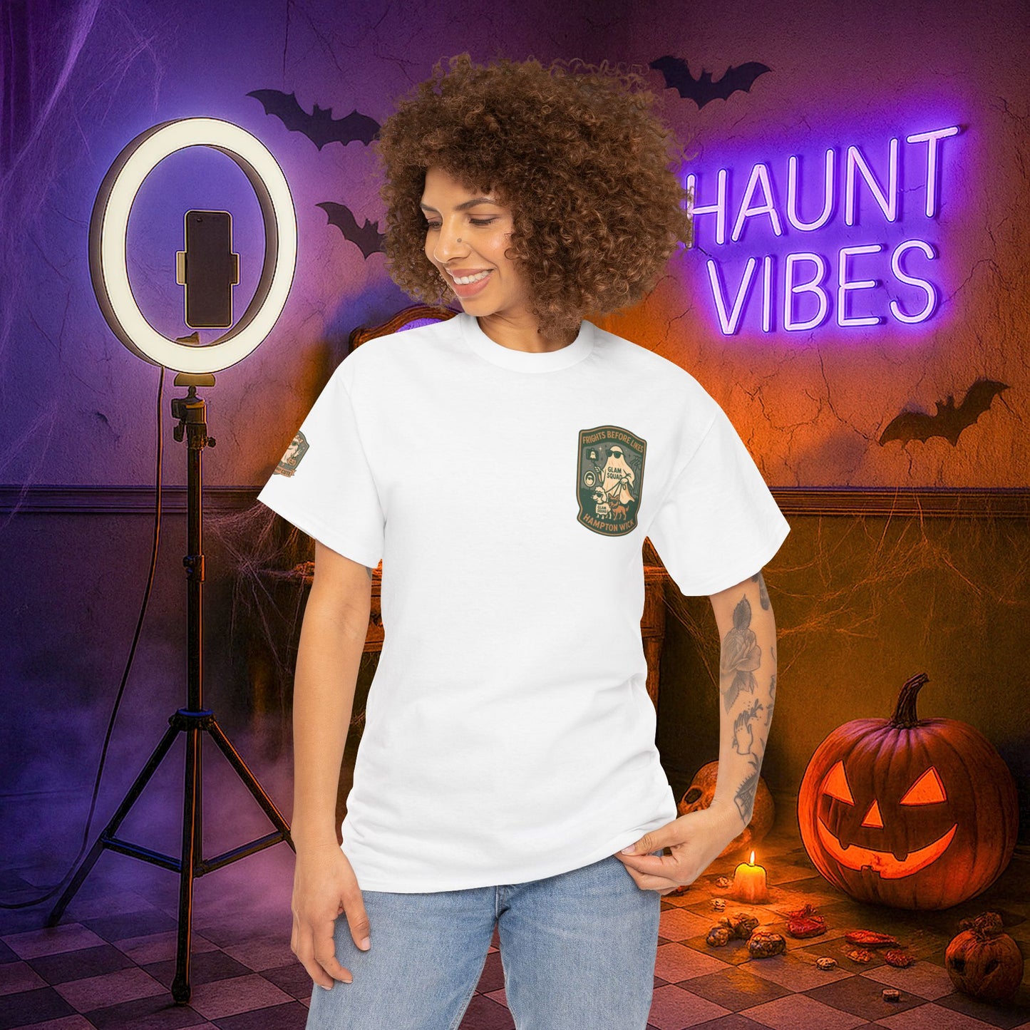 Ghost Influencer SpookTok Star Halloween T-Shirt with Arm Design | Funny Ghost Shirt for Halloween Costume & Party | Spooky Season Tee