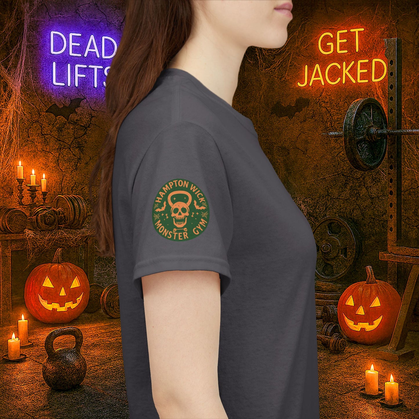 “You Don’t Need Brains Just Gains” Halloween Shirt – Frankenstein & Skeleton Gym Graphic Tee with Arm Design | Funny Spooky Season Costume T-Shirt