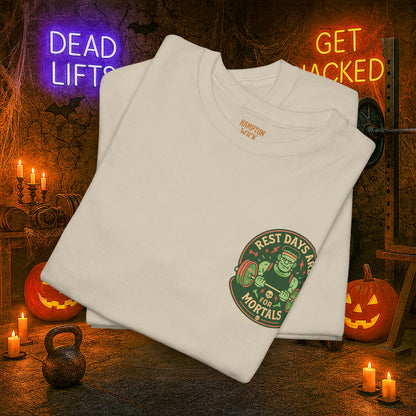 “You Don’t Need Brains Just Gains” Halloween Shirt – Frankenstein & Skeleton Gym Graphic Tee with Arm Design | Funny Spooky Season Costume T-Shirt