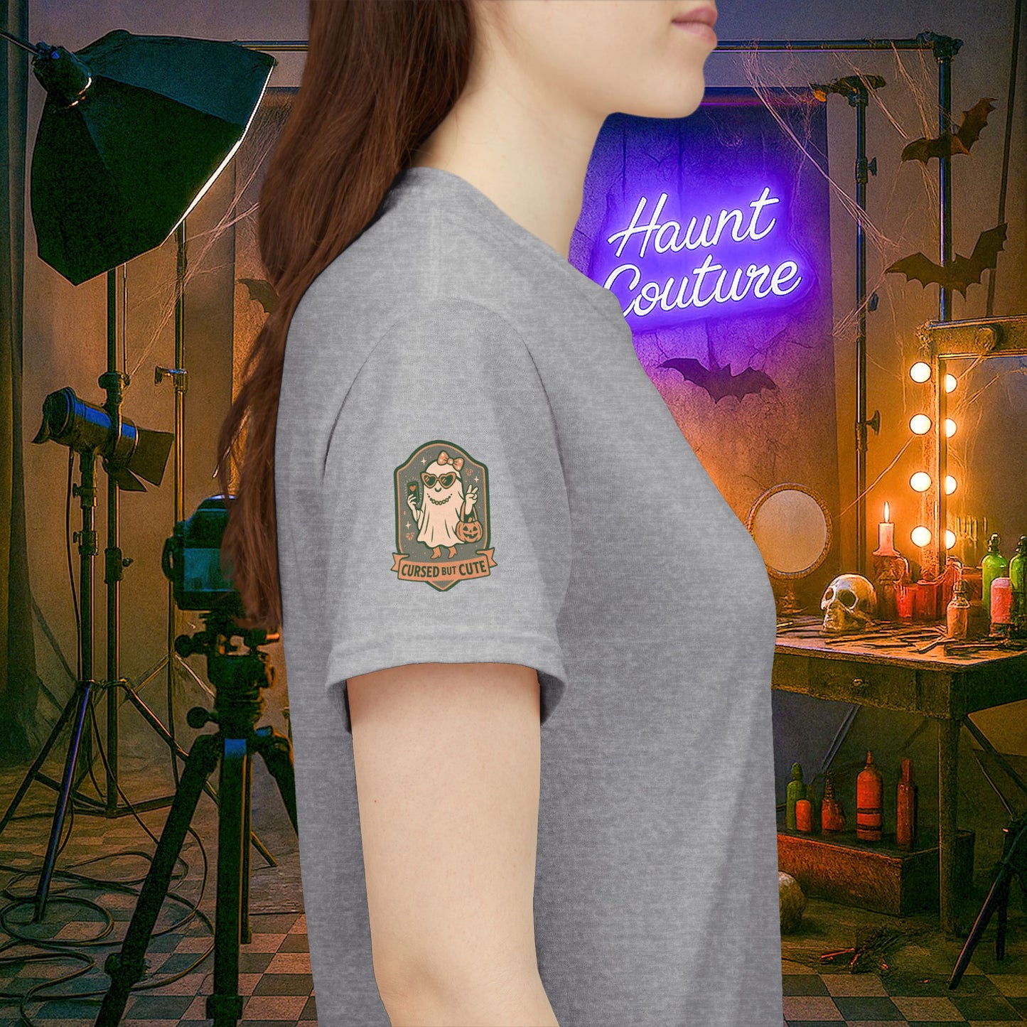 Ghost Influencer SpookTok Star Halloween T-Shirt with Arm Design | Funny Ghost Shirt for Halloween Costume & Party | Spooky Season Tee