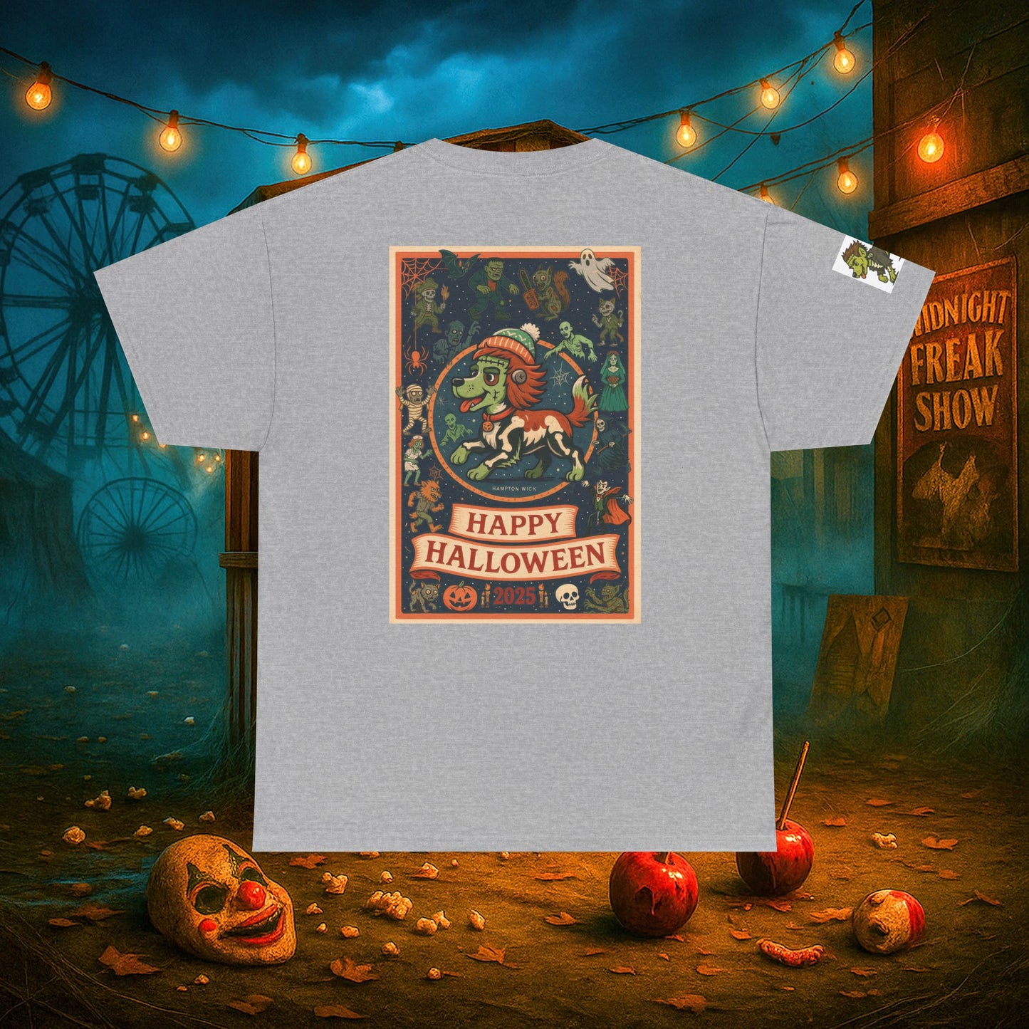 Happy Halloween 2025 T-Shirt – Vintage Horror Dog & Monster Design | Halloween Costume Party Shirt with Arm Design | Spooky Season Tee