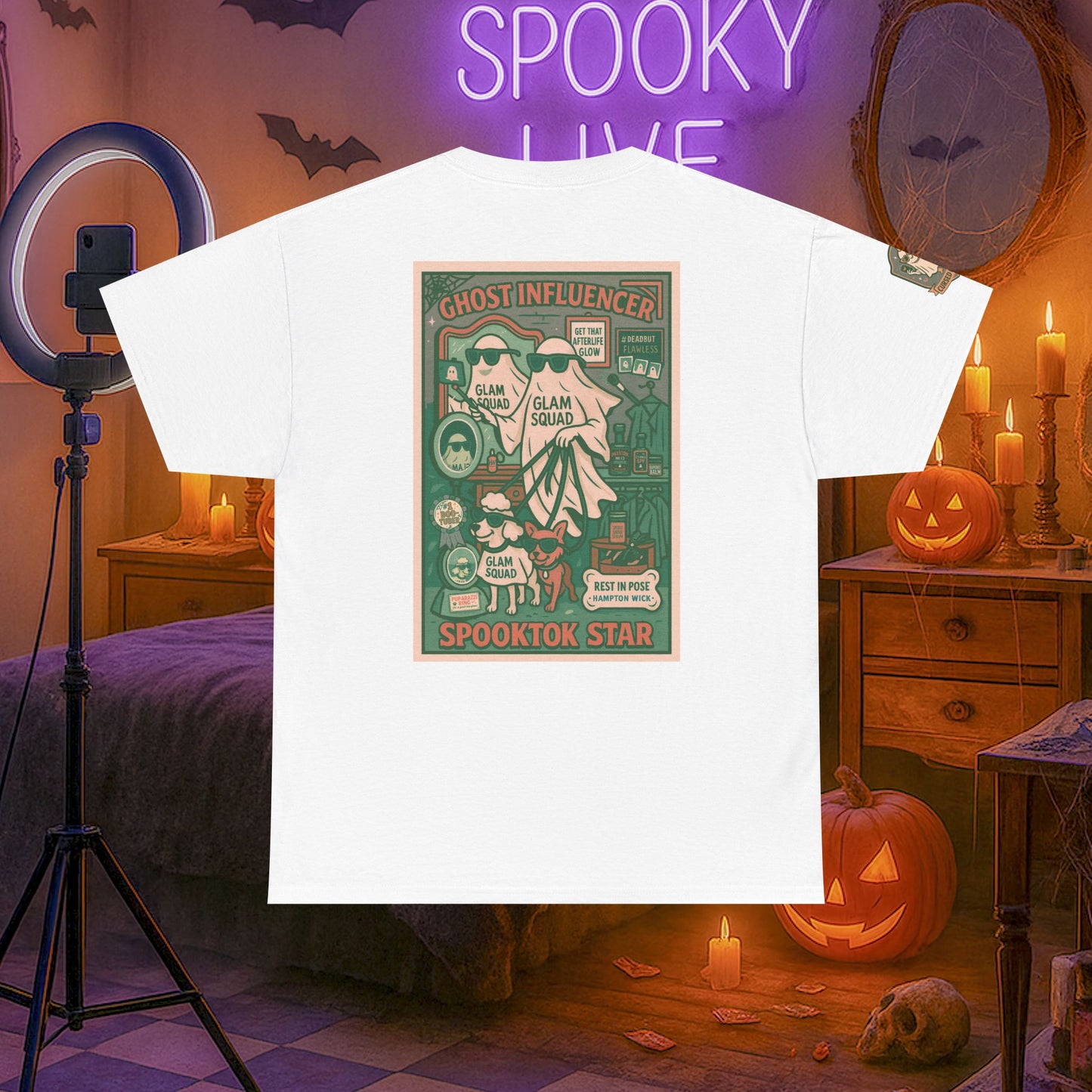 Ghost Influencer SpookTok Star Halloween T-Shirt with Arm Design | Funny Ghost Shirt for Halloween Costume & Party | Spooky Season Tee