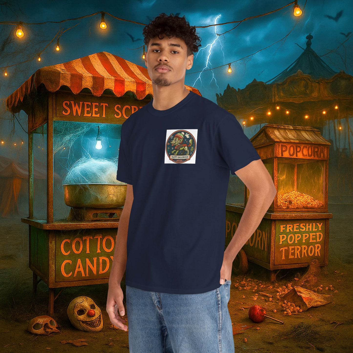 Happy Halloween 2025 T-Shirt – Vintage Horror Dog & Monster Design | Halloween Costume Party Shirt with Arm Design | Spooky Season Tee