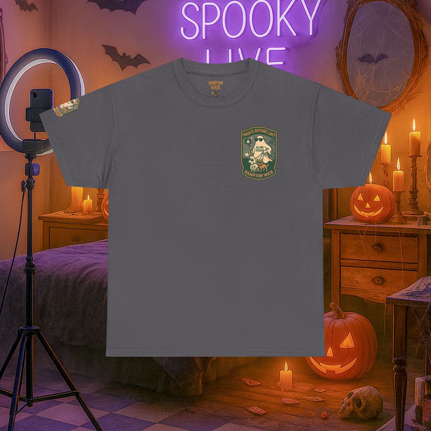 Ghost Influencer SpookTok Star Halloween T-Shirt with Arm Design | Funny Ghost Shirt for Halloween Costume & Party | Spooky Season Tee