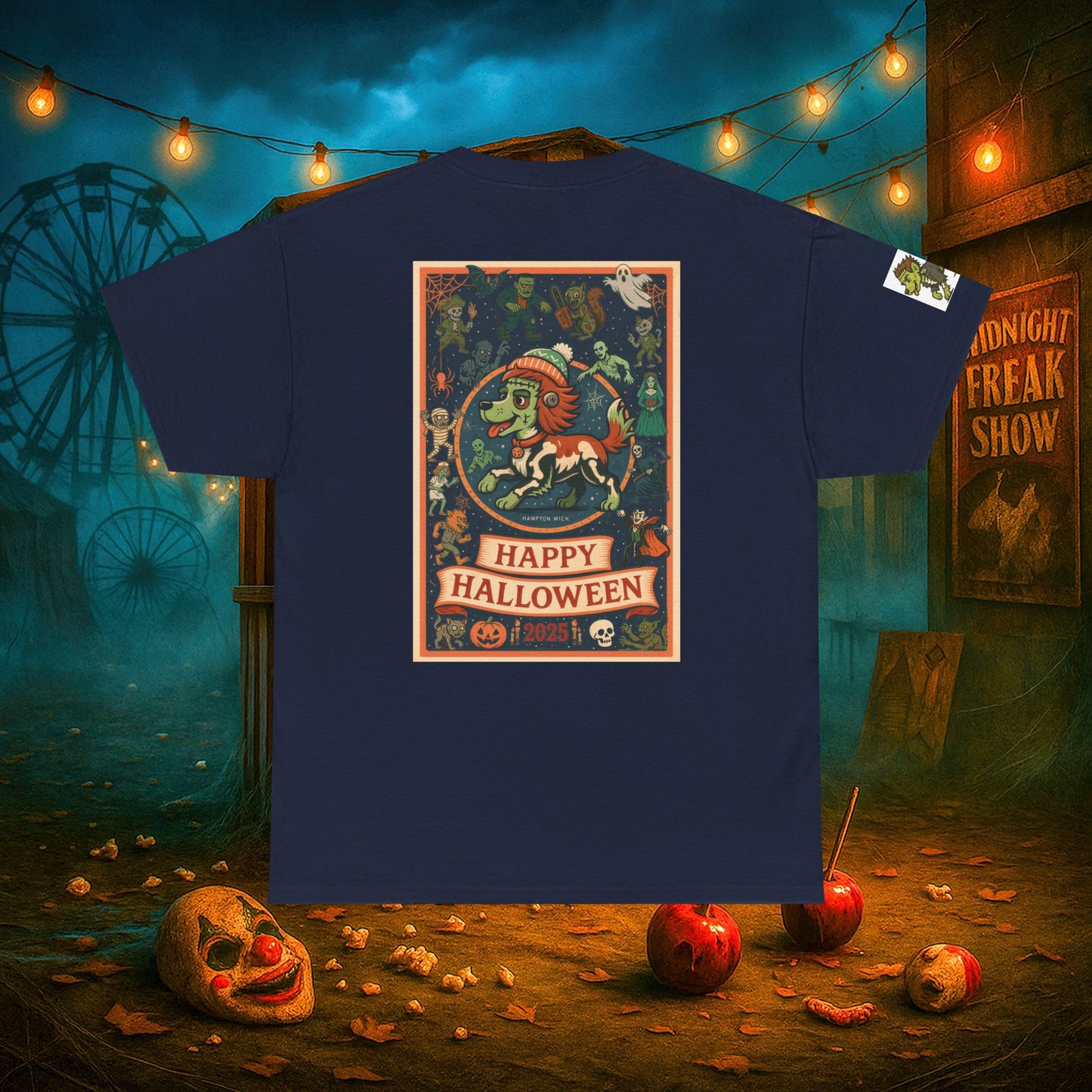 Happy Halloween 2025 T-Shirt – Vintage Horror Dog & Monster Design | Halloween Costume Party Shirt with Arm Design | Spooky Season Tee