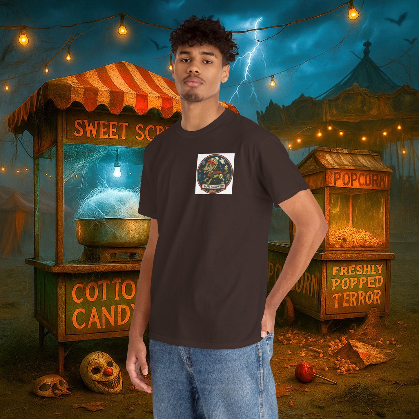 Happy Halloween 2025 T-Shirt – Vintage Horror Dog & Monster Design | Halloween Costume Party Shirt with Arm Design | Spooky Season Tee