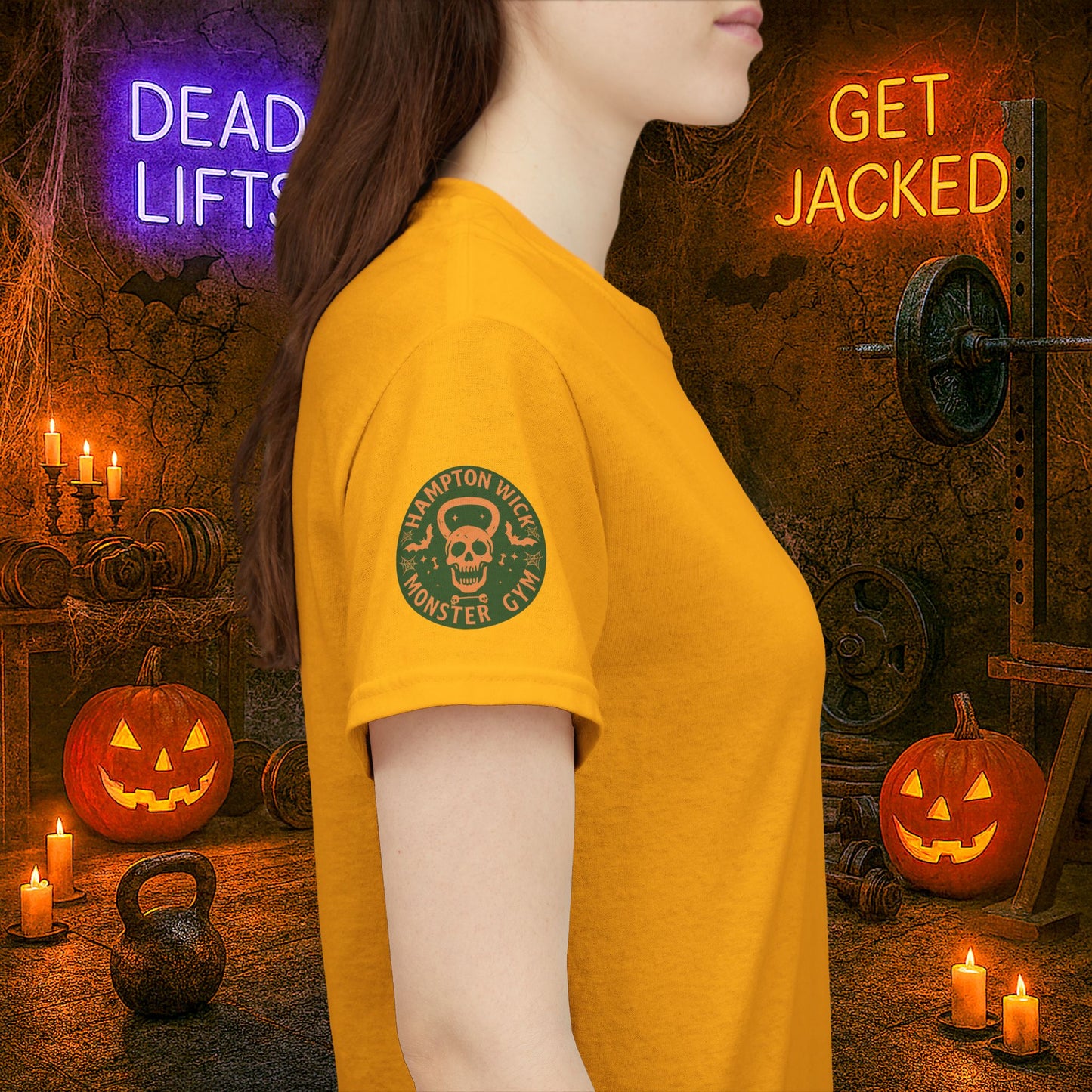 “You Don’t Need Brains Just Gains” Halloween Shirt – Frankenstein & Skeleton Gym Graphic Tee with Arm Design | Funny Spooky Season Costume T-Shirt