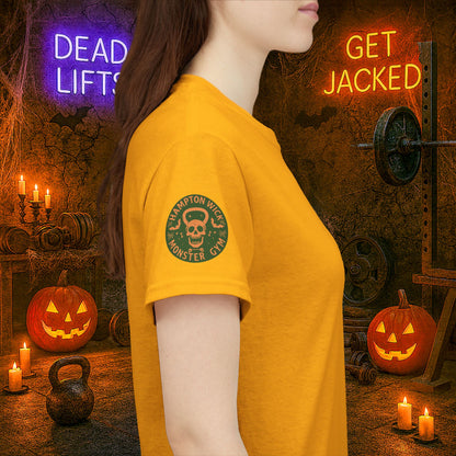 “You Don’t Need Brains Just Gains” Halloween Shirt – Frankenstein & Skeleton Gym Graphic Tee with Arm Design | Funny Spooky Season Costume T-Shirt