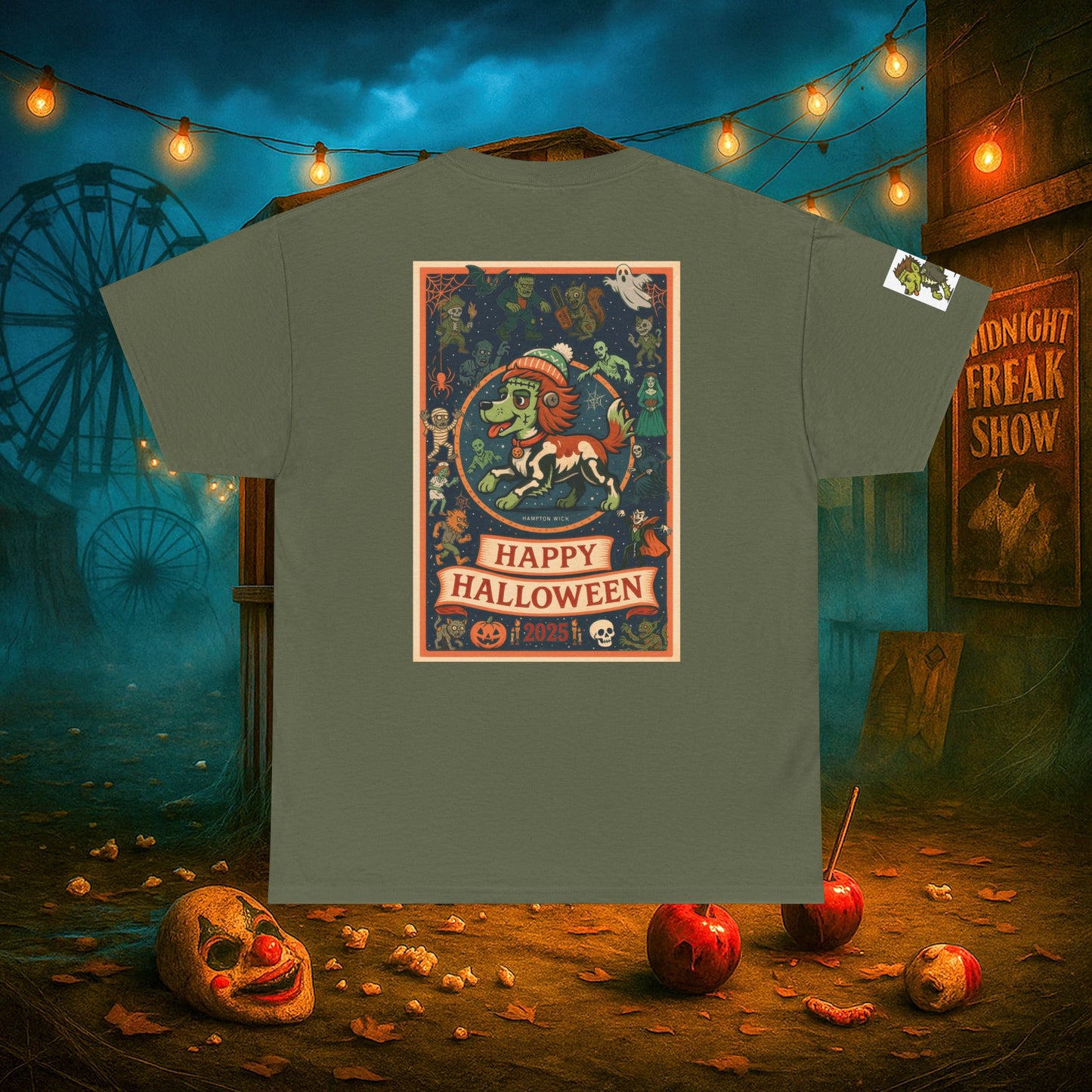 Happy Halloween 2025 T-Shirt – Vintage Horror Dog & Monster Design | Halloween Costume Party Shirt with Arm Design | Spooky Season Tee