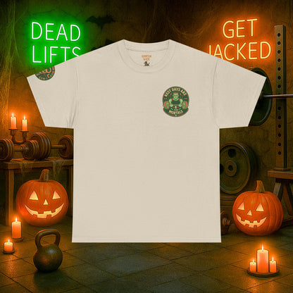 “You Don’t Need Brains Just Gains” Halloween Shirt – Frankenstein & Skeleton Gym Graphic Tee with Arm Design | Funny Spooky Season Costume T-Shirt