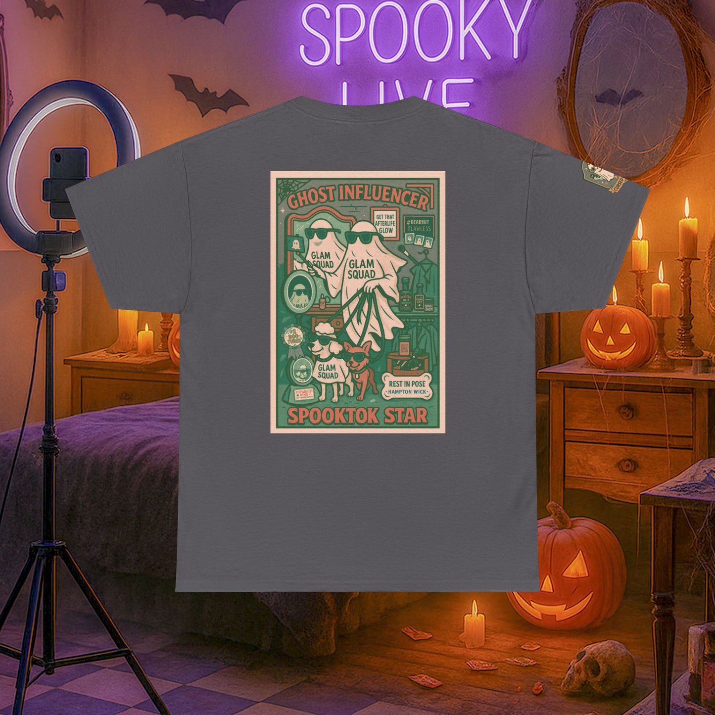 Ghost Influencer SpookTok Star Halloween T-Shirt with Arm Design | Funny Ghost Shirt for Halloween Costume & Party | Spooky Season Tee