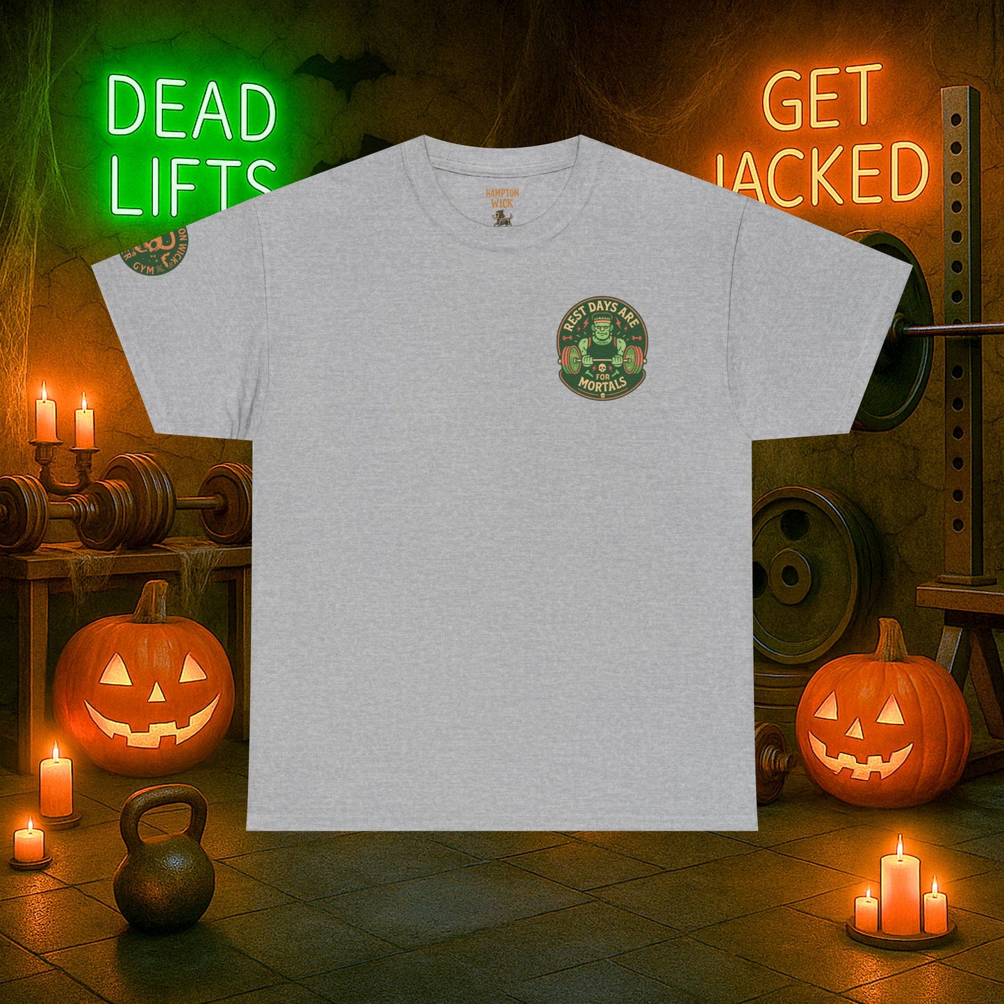 “You Don’t Need Brains Just Gains” Halloween Shirt – Frankenstein & Skeleton Gym Graphic Tee with Arm Design | Funny Spooky Season Costume T-Shirt
