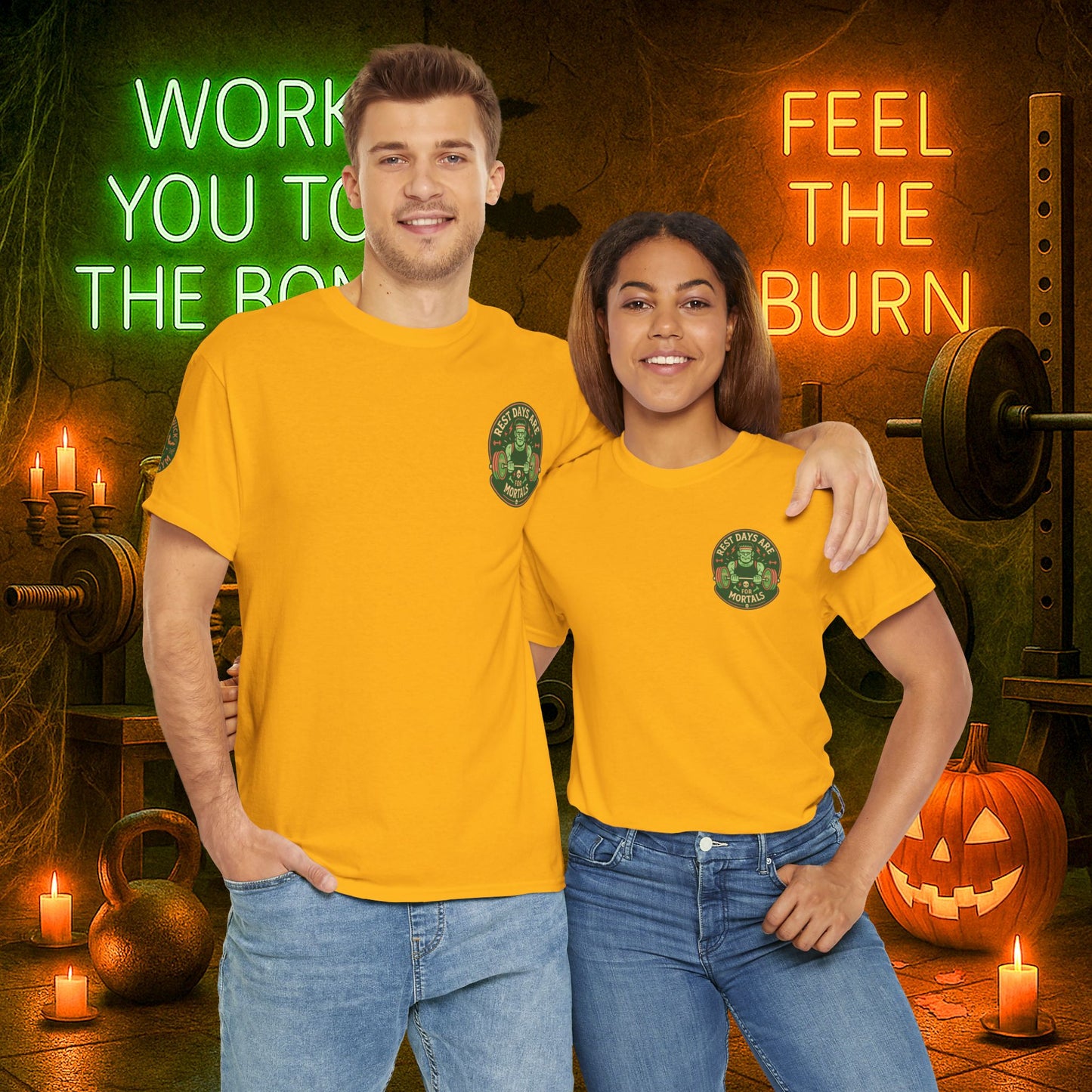 “You Don’t Need Brains Just Gains” Halloween Shirt – Frankenstein & Skeleton Gym Graphic Tee with Arm Design | Funny Spooky Season Costume T-Shirt