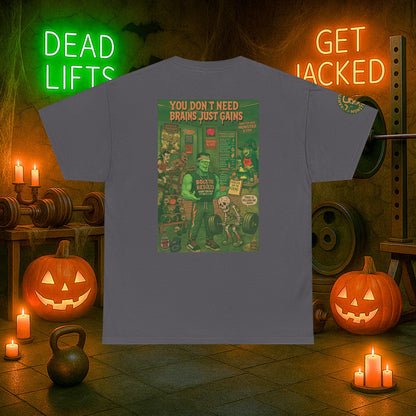 “You Don’t Need Brains Just Gains” Halloween Shirt – Frankenstein & Skeleton Gym Graphic Tee with Arm Design | Funny Spooky Season Costume T-Shirt