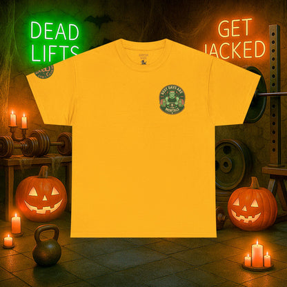 “You Don’t Need Brains Just Gains” Halloween Shirt – Frankenstein & Skeleton Gym Graphic Tee with Arm Design | Funny Spooky Season Costume T-Shirt